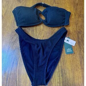 New Wild Fable Black Bikini Set Textured Top L Bottom S High Cut Cheeky With Tag